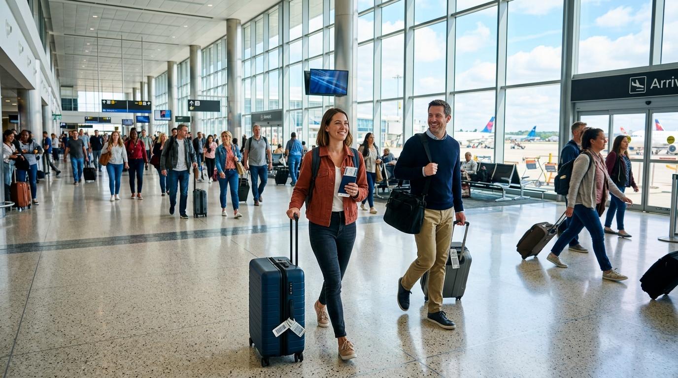 Bright vibrant photorealistic airport arrival scene with passport, suitcase, boarding pass, and travelers walking through a bright terminal, no visible text