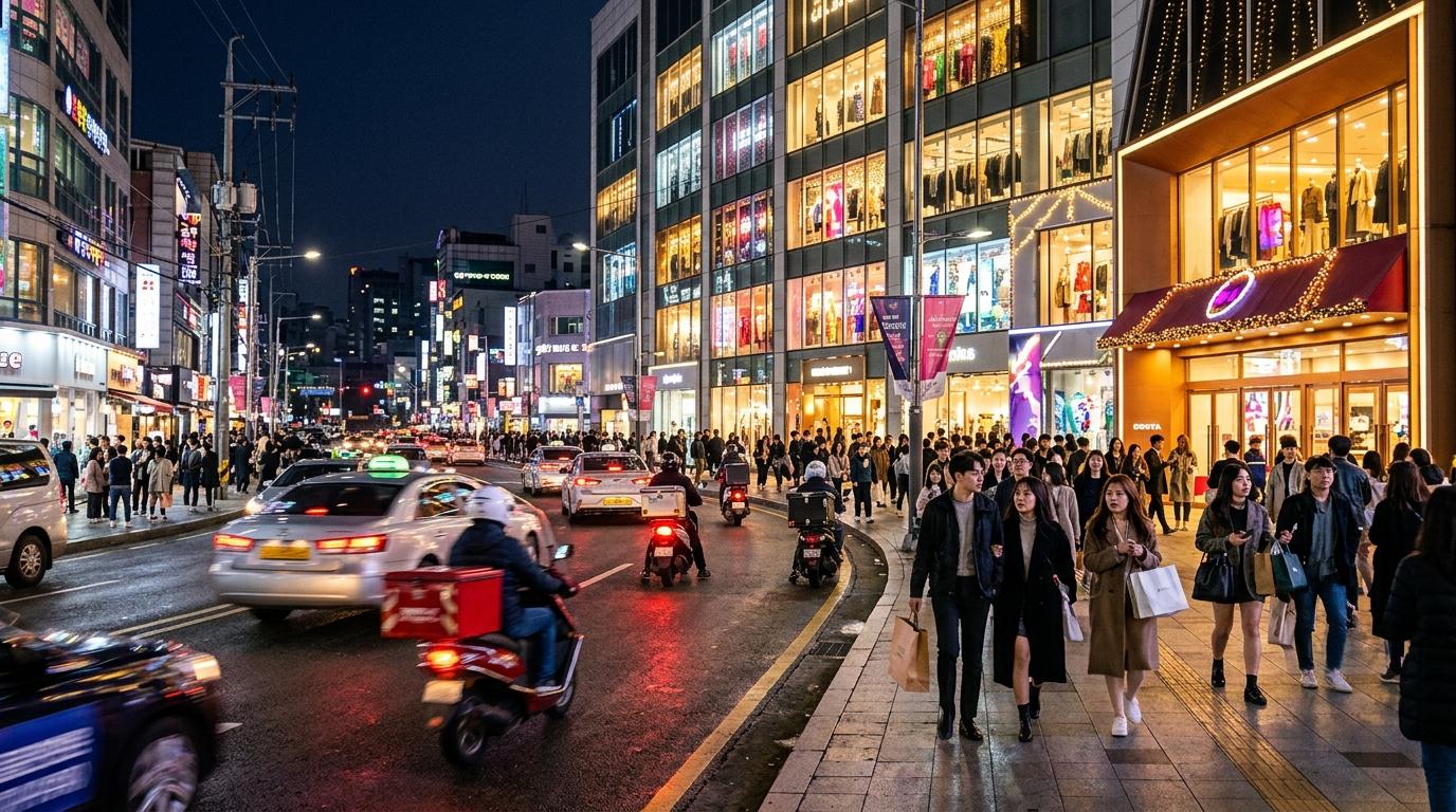 東大門のファッションモールの夜景、光る窓、洗練された買い物客、配達スクーター、街の灯りが映える鮮やかなフォトリアル風の景色、文字は写っていない