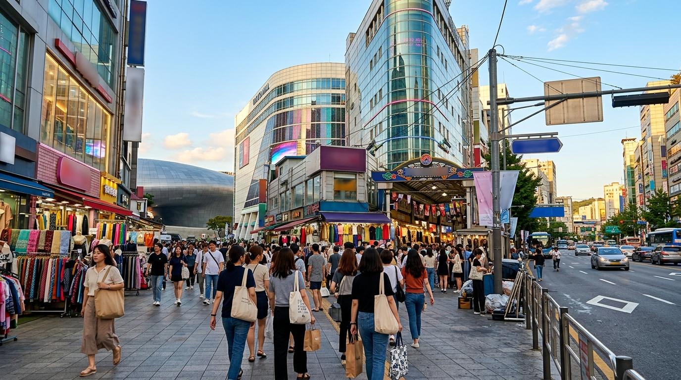 現代的なショッピングビルや市場の入口、歩行者、布製トートバッグが見える、ソウル東大門のファッション街を写した明るいフォトリアルな風景、夕方遅め