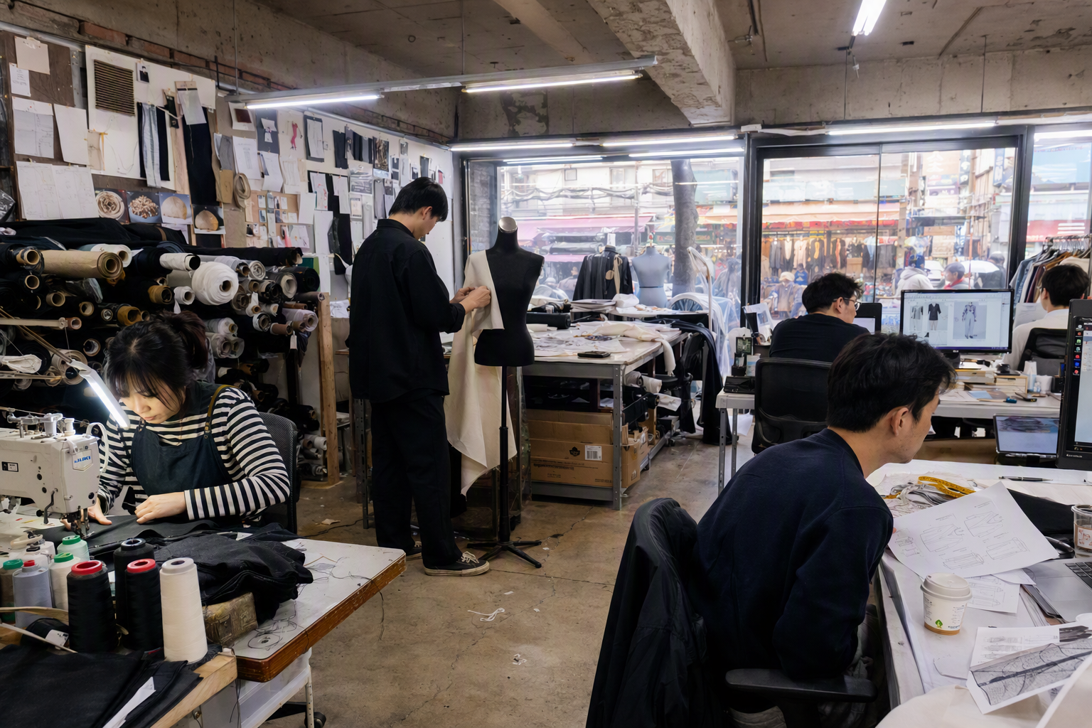 Modern photorealistic fashion workspace inside a Seoul market building with fabric boards, sewing tables, laptop stations, bright studio lighting, no visible te