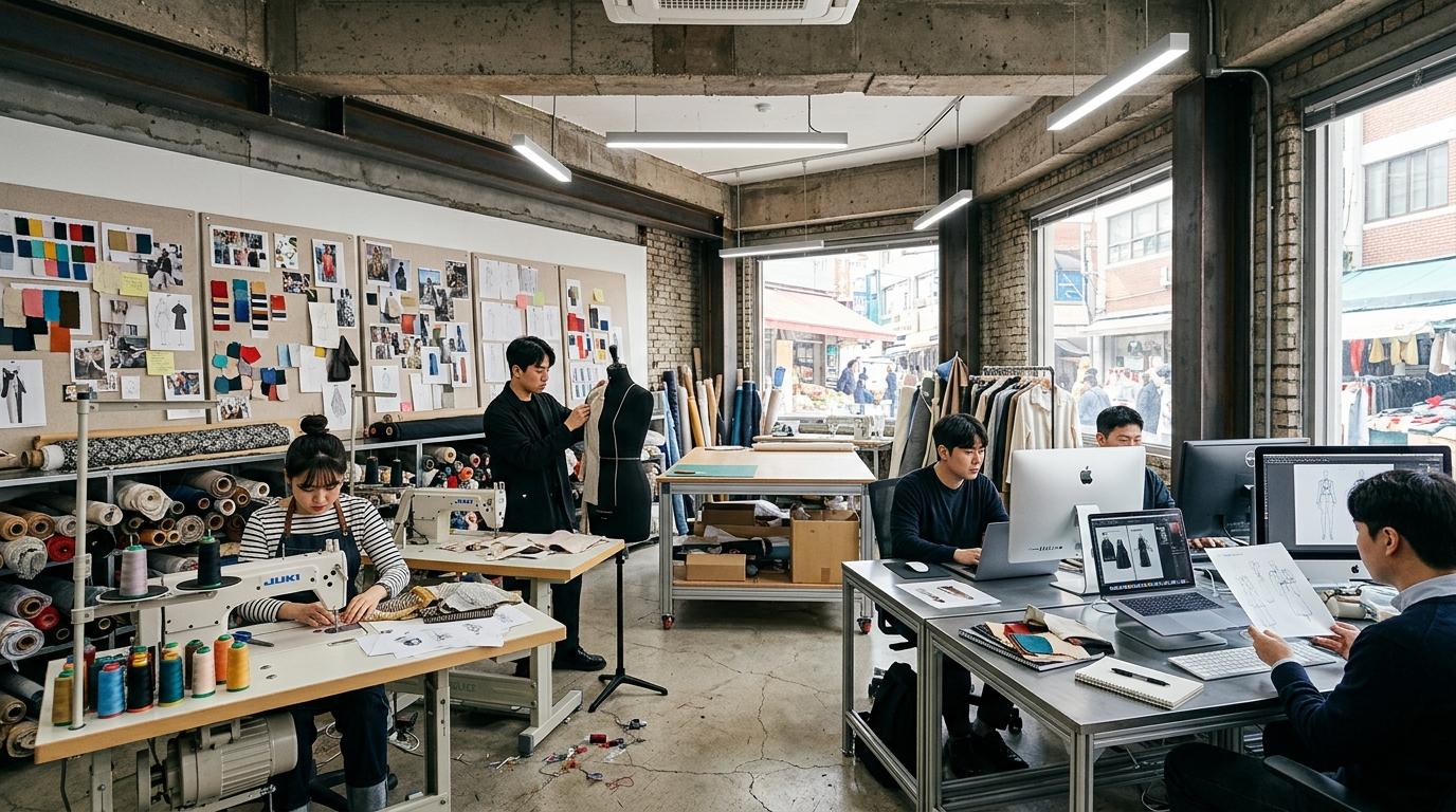 生地ボードやミシン台、ノートPC用デスクが並ぶ、ソウルの市場ビル内にあるモダンで写実的なファッション作業スペース。明るいスタジオ照明、目立つ文字はなし