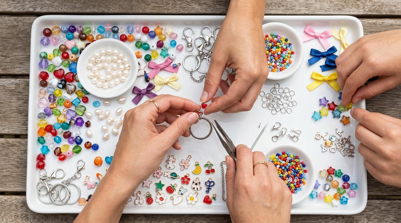 白いトレーの上で、カラフルなチャーム、ビーズ、パール、ミニリボン、キーホルダー金具を手で並べている、明るい写実的な俯瞰写真。文字は写っていない