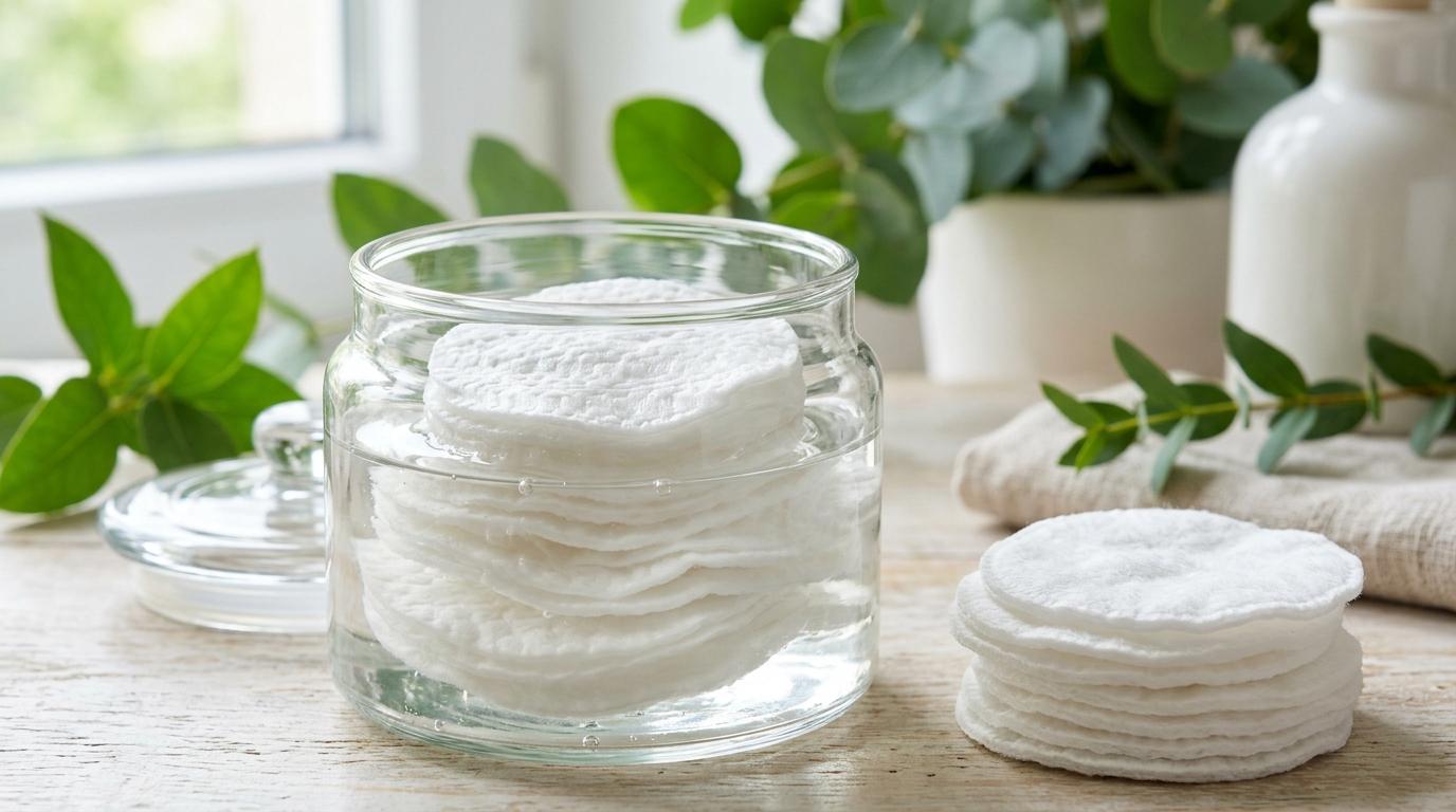 Bright photorealistic close-up of round toner pads in a clean jar beside cotton pads, clear watery texture, fresh green skincare styling, no visible text