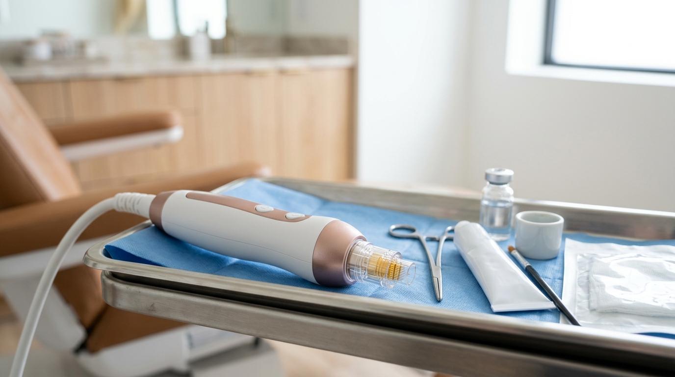 Bright photorealistic close-up of an RF microneedling device beside sterile skincare tools in a modern dermatology clinic, clean clinical lighting, no visible t