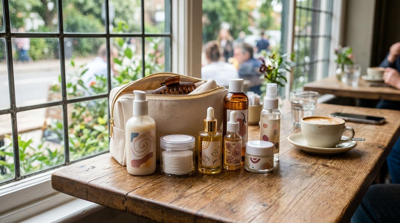Vibrant photorealistic image of a neat travel skincare pouch with Korean beauty products, sunscreen, toner pads, and serum on a café table near a window, no rea