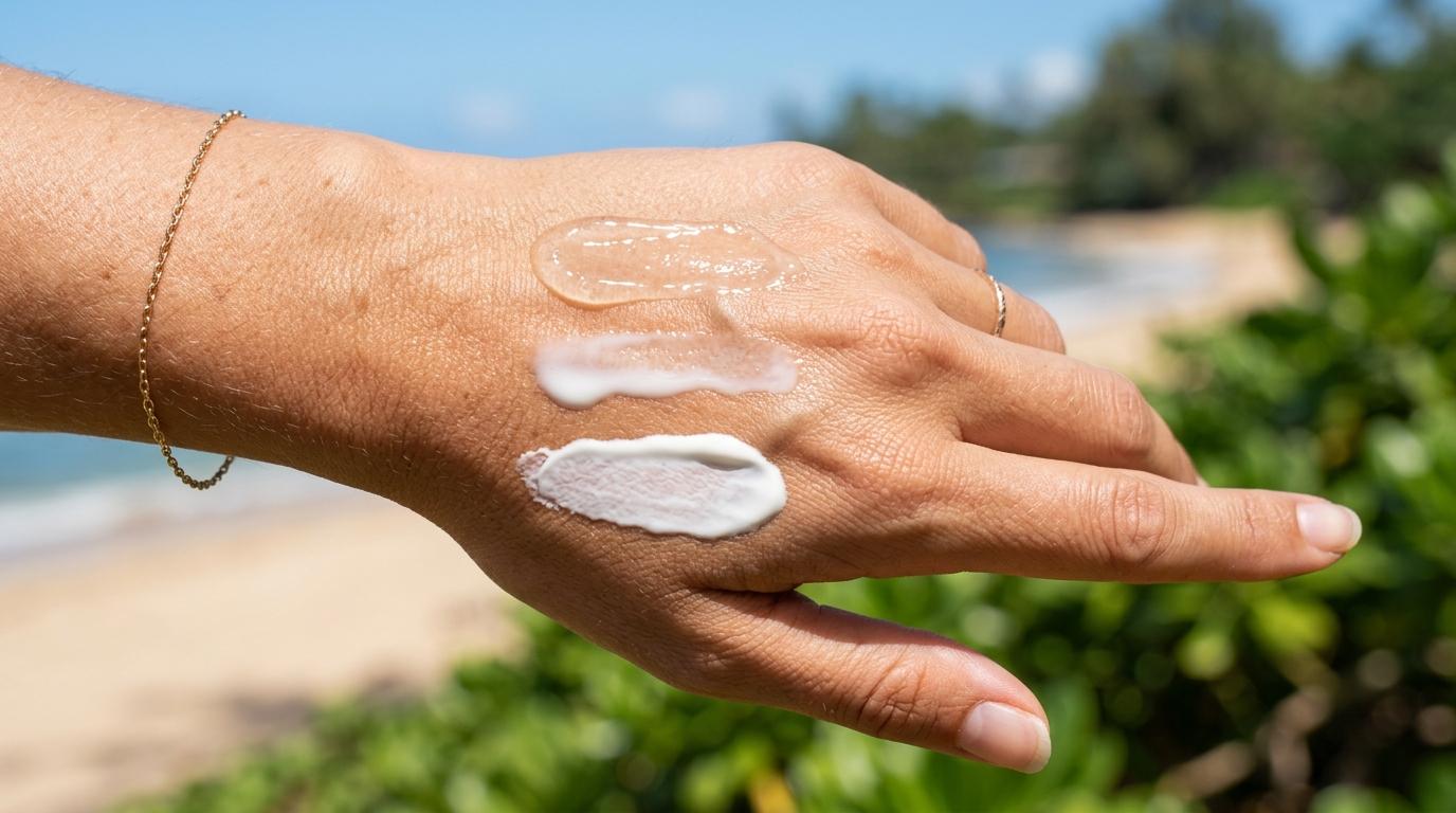 Vibrant photorealistic image of sunscreen textures swatched on a hand, showing gel, fluid, and lotion finishes under bright natural light, no visible text