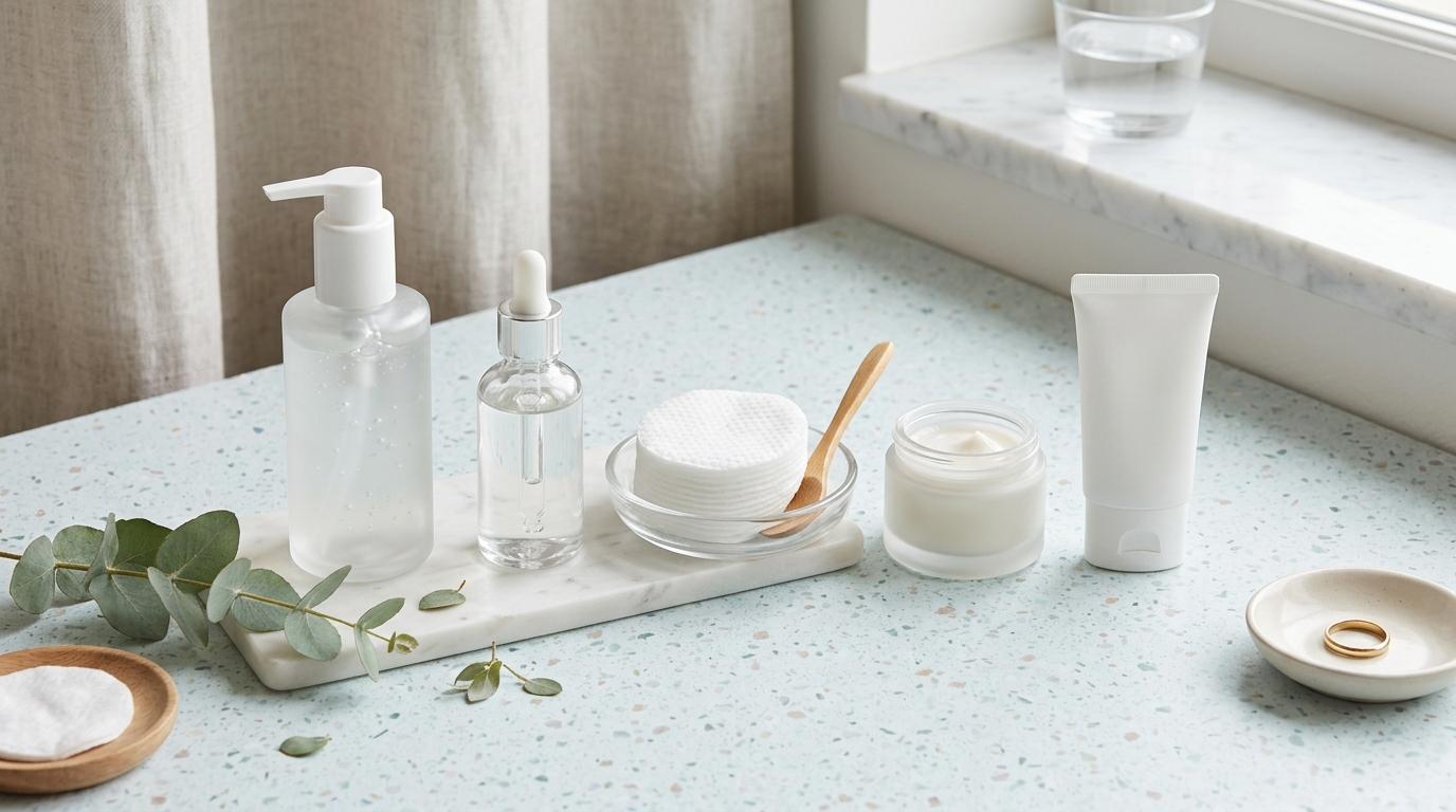 Bright photorealistic flat lay of Korean skincare products for oily skin, including gel cleanser, clear serum bottle, toner pads, lightweight cream, and sunscre
