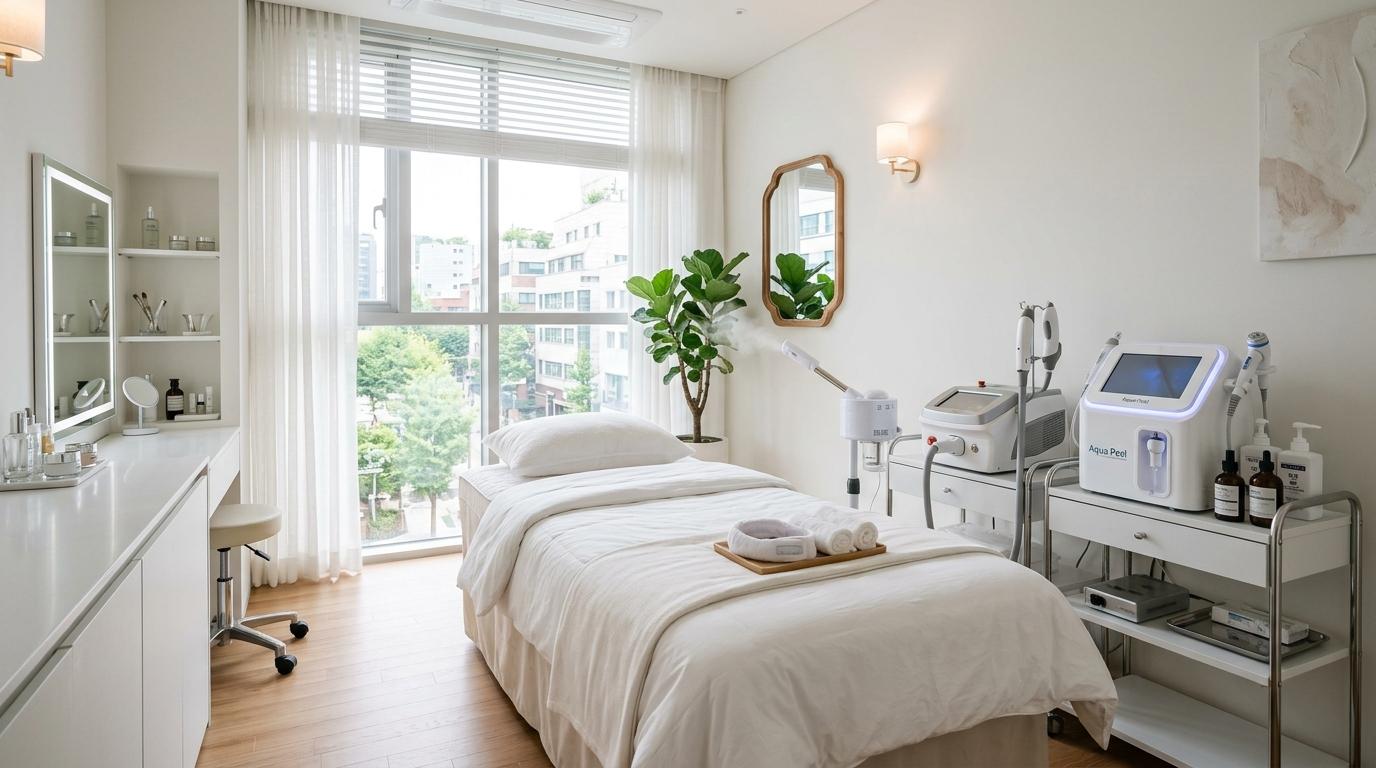 Vibrant photorealistic image of a clean Korean dermatology clinic treatment room with skincare devices, soft lighting, modern white interior, no visible text