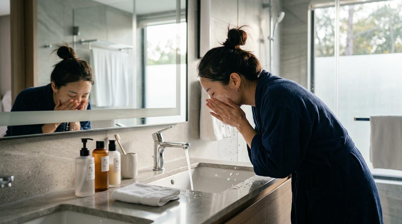 Vibrant photorealistic image of a traveler washing face at a modern hotel sink with soft morning light, Korean skincare bottles nearby with no readable text