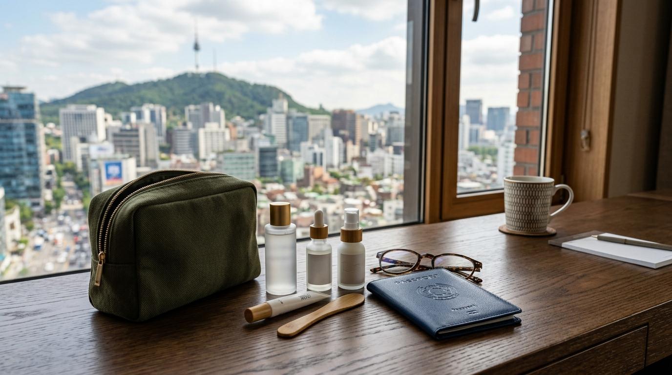 Bright photorealistic scene of a compact skincare routine arranged beside a passport and travel pouch in a Seoul hotel room, no readable text