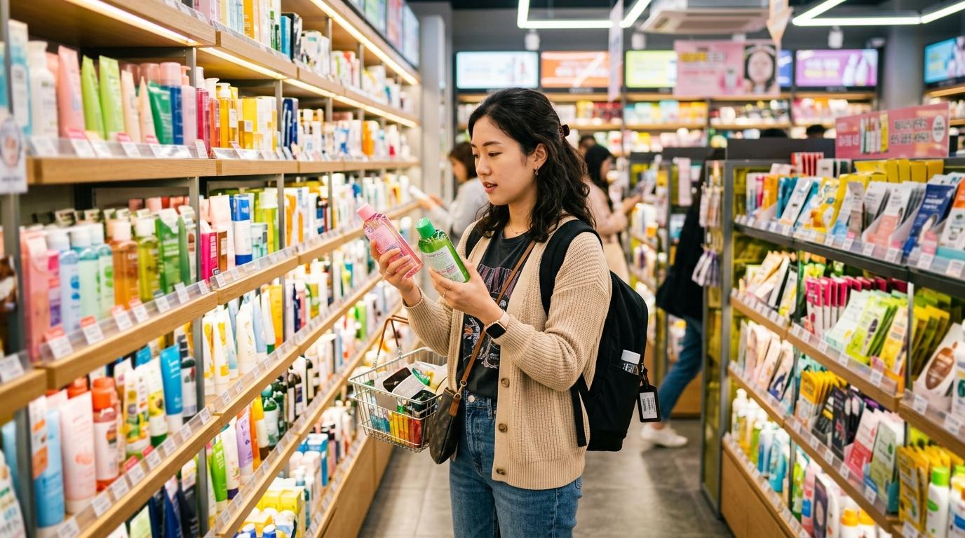 Bright photorealistic image of an international traveler comparing skincare products in a modern Korean beauty store aisle, colorful shelves, no readable text