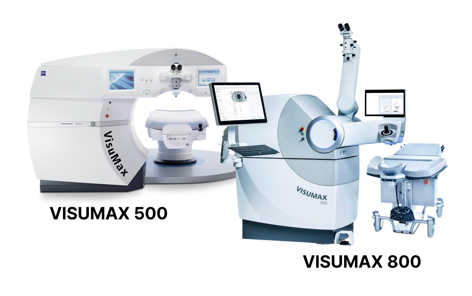 展示兩款ZEISS VisuMax全飛秒近視雷射儀器：左為VisuMax 500、右為更先進的VisuMax 800與手術床，說明BGN明亮眼科具備Smile與Smile Pro手術設備與技術差異。