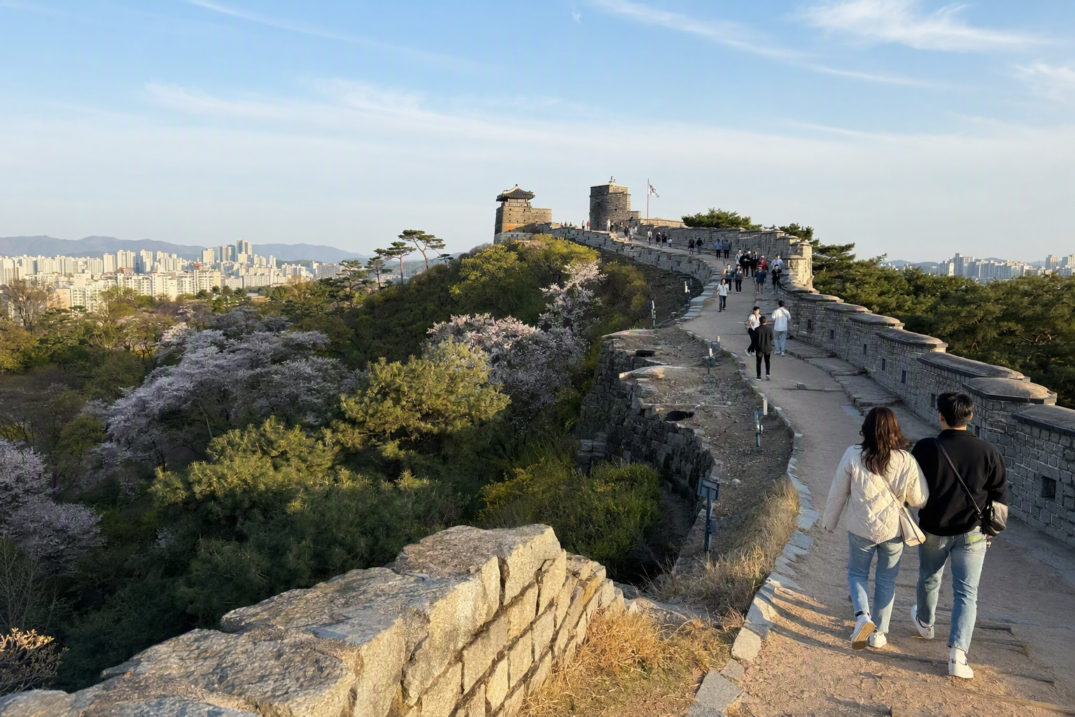 金色夕陽下水原華城石牆沿著山丘蜿蜒的明亮寫實景色,旅人沿步道行走,春季花朵盛開