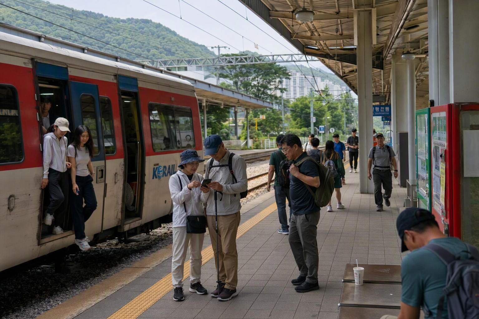 明亮鮮豔、寫實拼貼風的首爾近郊一日遊旅行畫面:城牆、島上林木、港口海濱、山間河谷、列車廣場