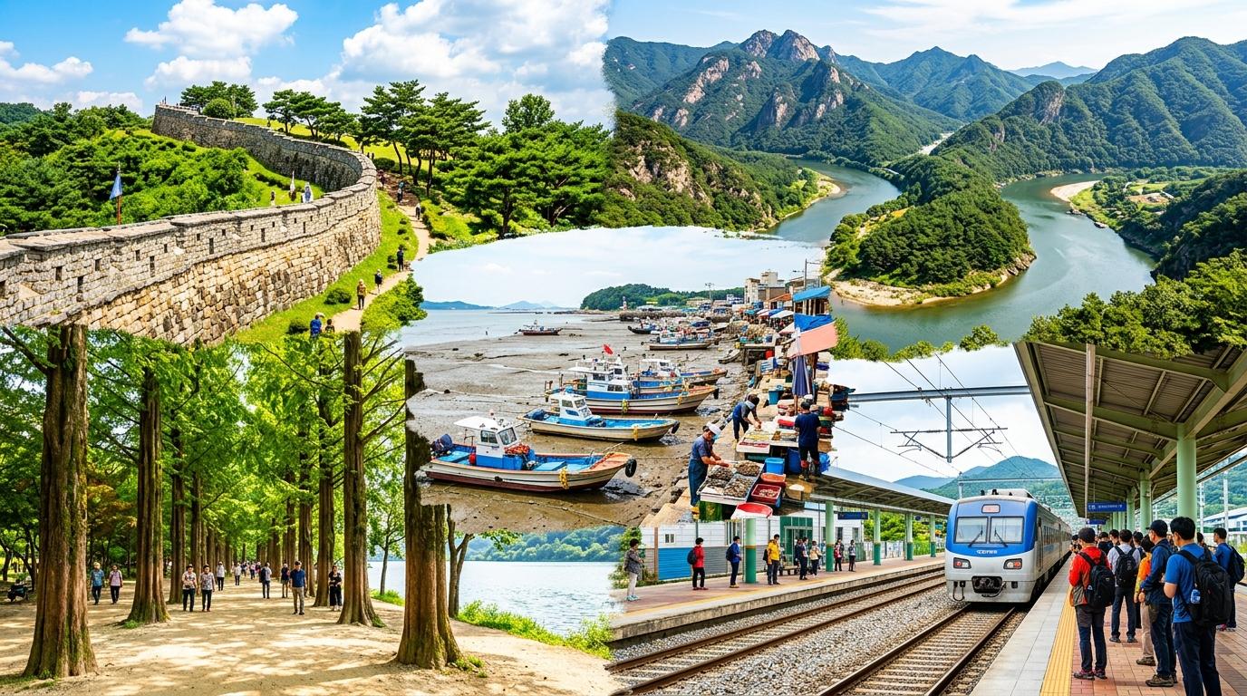 明亮鮮豔、寫實拼貼風的首爾近郊一日遊旅行畫面:城牆、島上林木、港口海濱、山間河谷、列車廣場