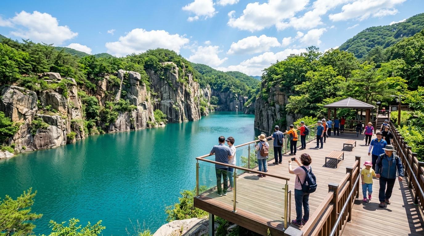 陽光下色彩明亮、寫實風格的抱川Art Valley採石場湖景,湖水呈土耳其藍,陡峭石壁環繞,旅客站在觀景點,晴朗天空,無可見文字