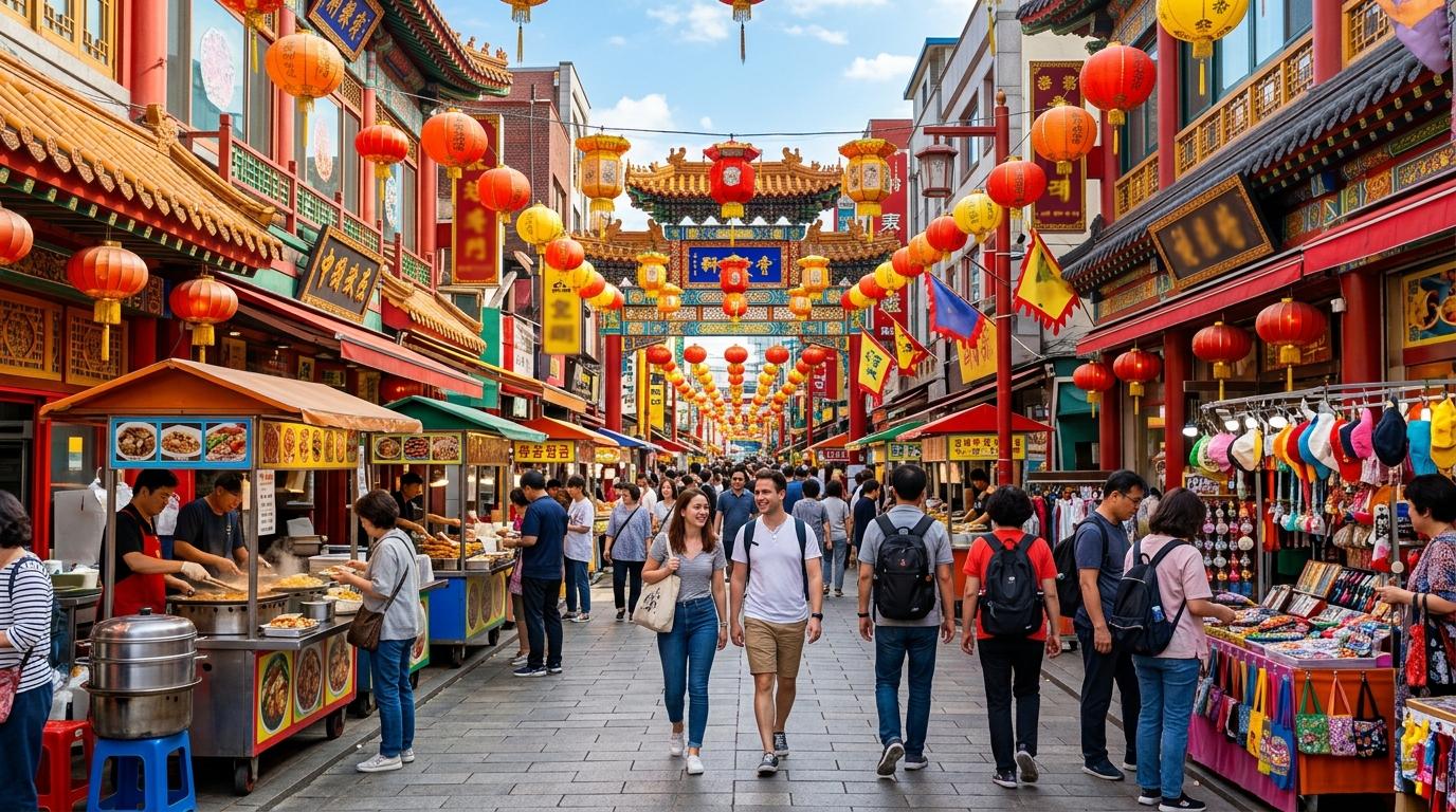 仁川中華街明亮鮮豔、寫實風格的街景,有繽紛燈籠、美食攤位、旅客散步,晴朗午後,沒有可辨識文字