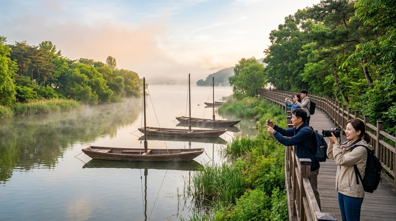 楊平兩水頭(Dumulmeori)河畔清晨的明亮生動寫實景象,有薄霧、木船、綠樹、旅人拍照、柔和陽光,視野清晰