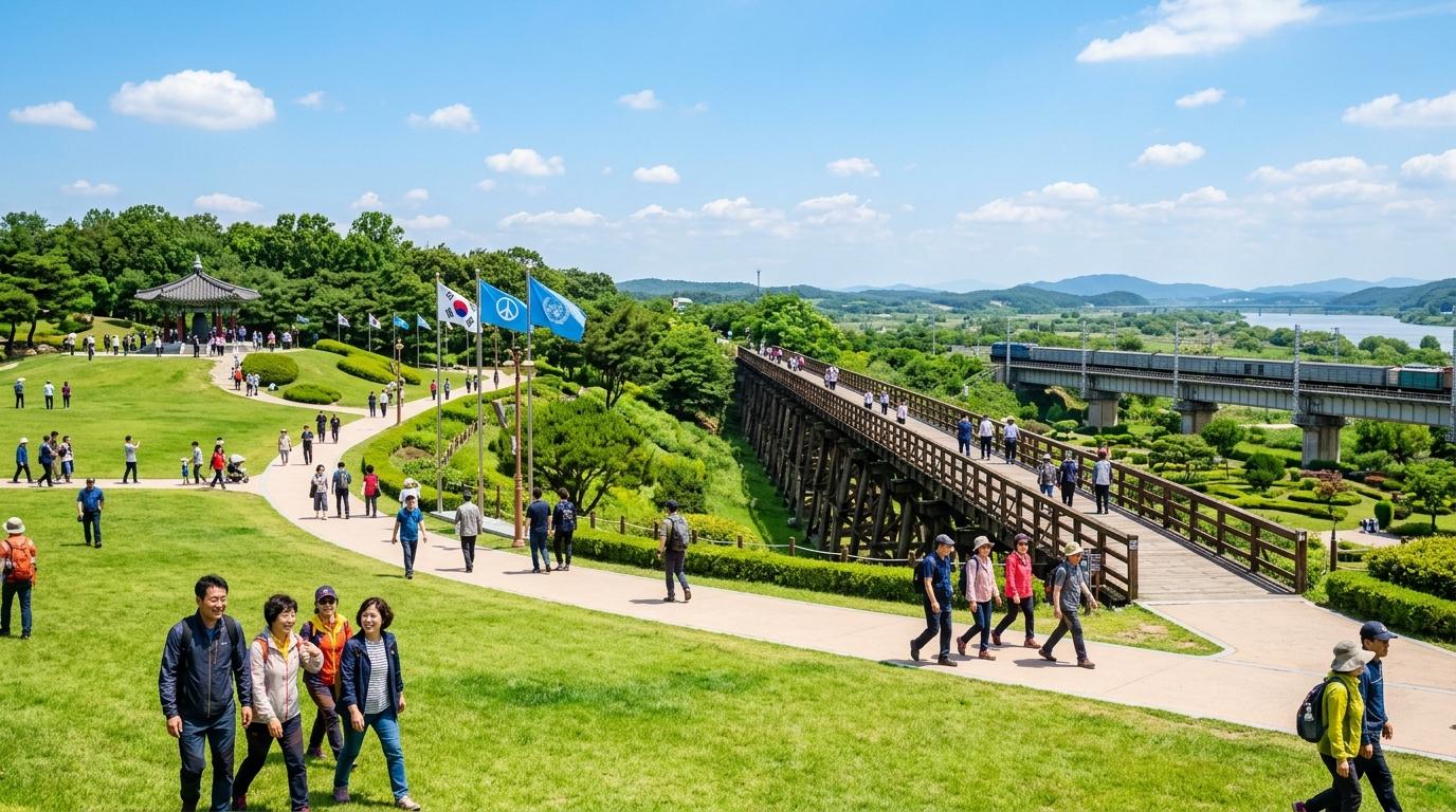臨津閣和平公園的明亮鮮豔寫實景觀,可見開闊草地、象徵性的橋樑結構,旅客在晴朗天空下散步,氛圍平和寧靜