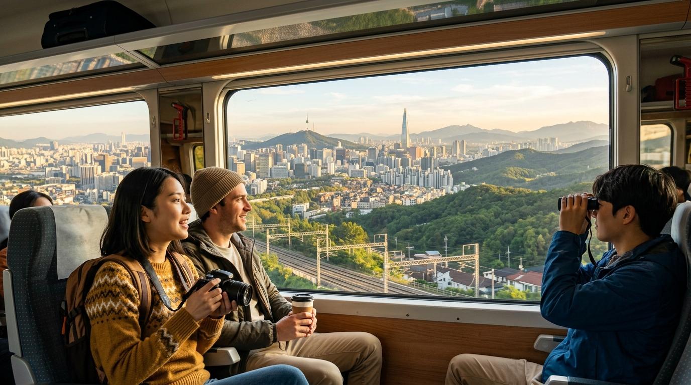 明亮鮮豔、寫實風格的全景畫面,旅客從火車窗外眺望首爾,城市天際線逐漸融入綠色山丘,溫暖的晨光灑落,色彩繽紛