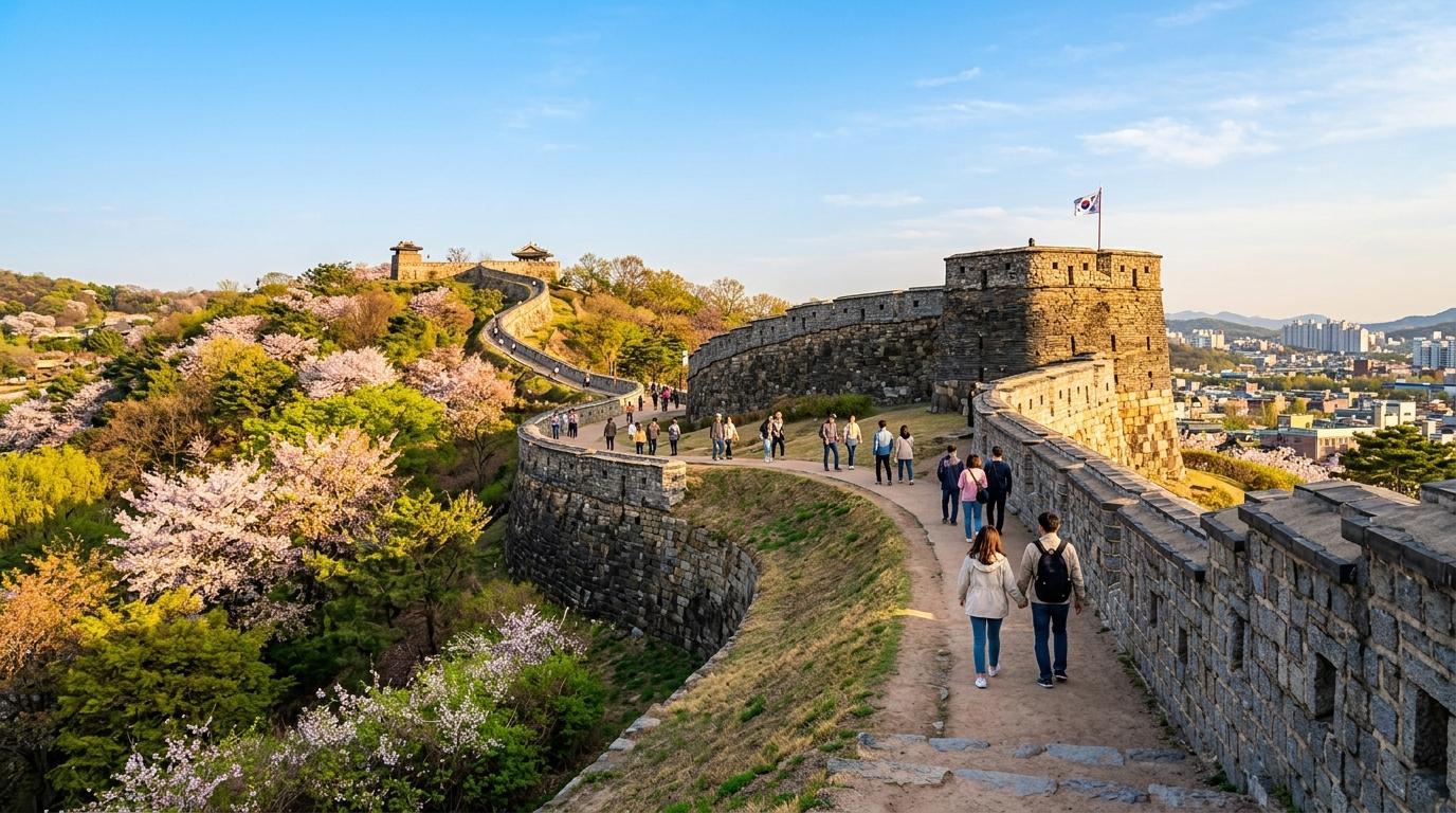 金色夕陽下水原華城石牆沿著山丘蜿蜒的明亮寫實景色,旅人沿步道行走,春季花朵盛開
