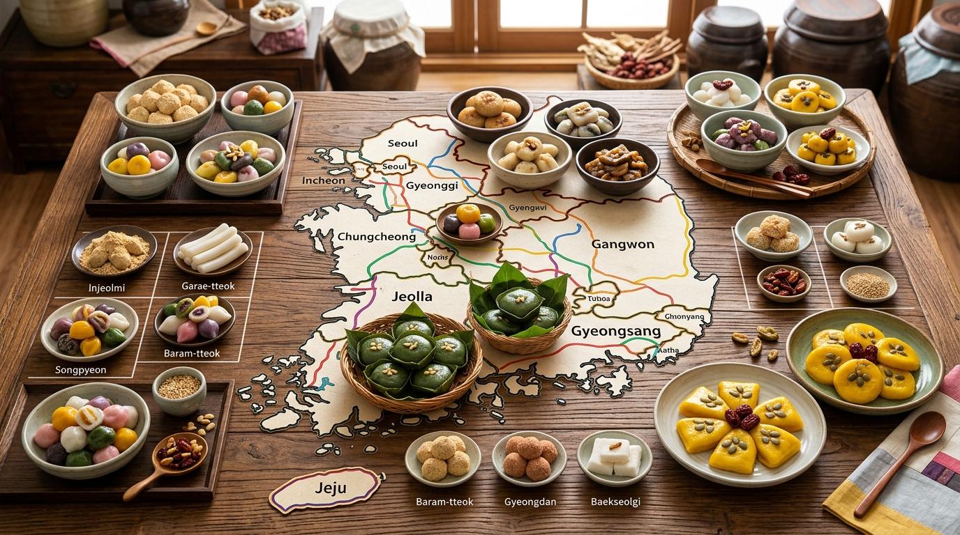 鮮やかで写真のようにリアルな、地図をモチーフにした韓国各地の餅菓子テーブル、じゃがいもトク、苧麻の葉トク、かぼちゃの蒸し餅、文字は見えない