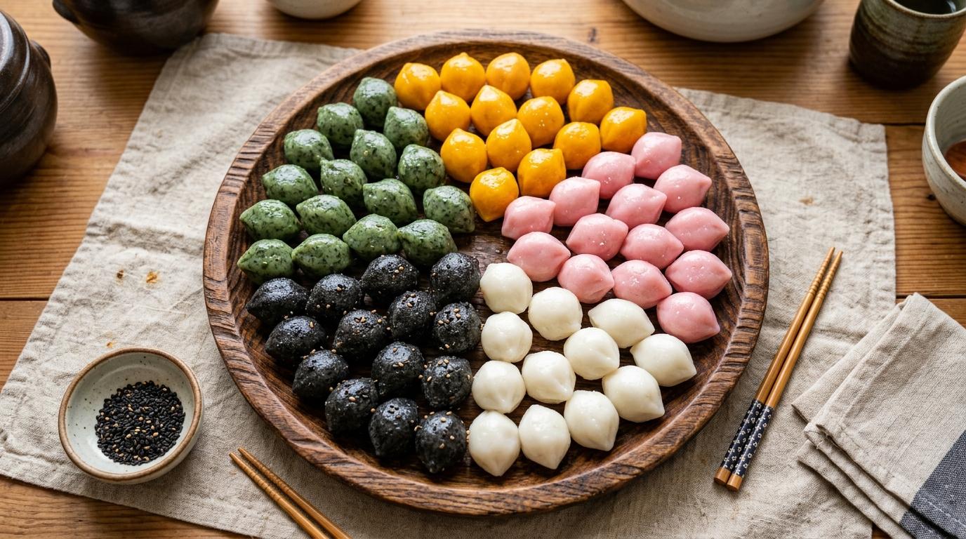 ヨモギの緑、かぼちゃの黄色、ピンク、白、黒ごまの色合いが映える五色の韓国餅を、真上から撮影した明るく鮮やかなフォトリアルな写真（可視の文字なし）