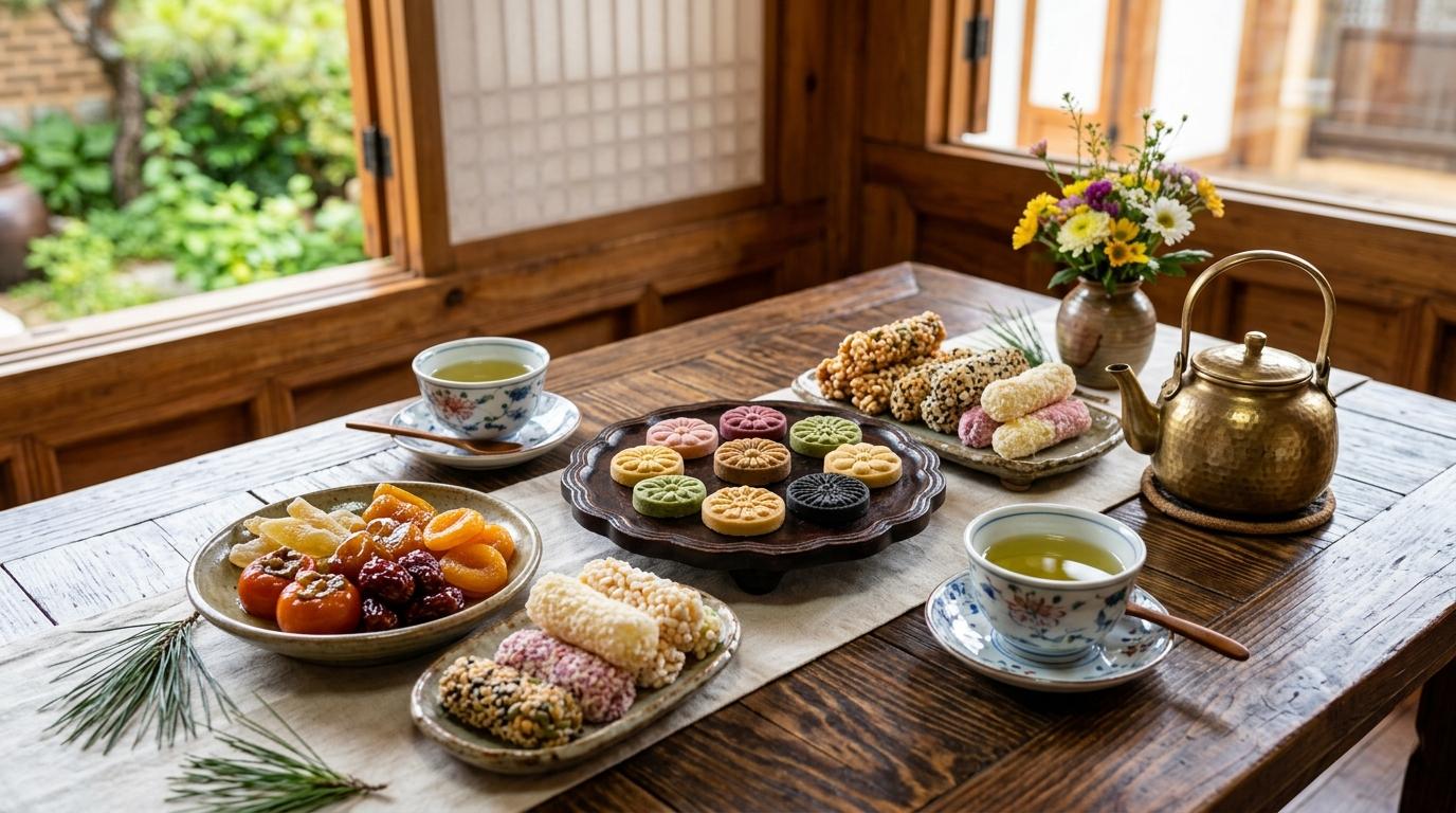 押し型のタシク、カリッとしたカンジョン、繊細なユグァ、果物の保存菓子、磁器のカップが並ぶ、鮮やかで写実的なお茶の卓、文字は見えない