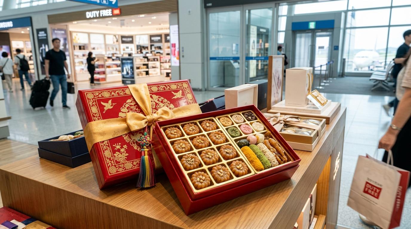 上品な赤いパッケージのプレミアム韓国スイーツギフトボックス、ひと口サイズのヤックァ、空港ショッピングの雰囲気、文字なし
