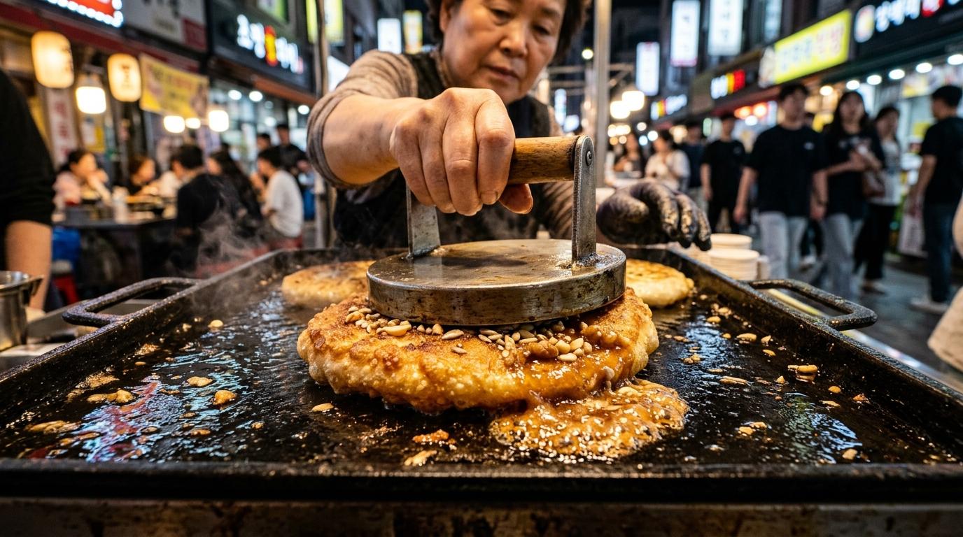 鉄板の上で押し焼きされる韓国屋台フードのホットク, 鮮やかで写真のようにリアル, こんがりとした黄金色のカリカリ表面, とろけた砂糖のフィリング, 夜市の雰囲気