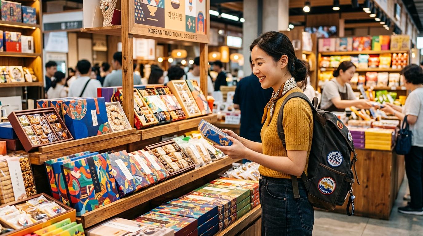 スタイリッシュなフードホールで、カラフルな箱と餅菓子などのパッケージ韓国スイーツ土産を選ぶ旅行者の、明るく鮮やかなフォトリアルな写真（文字は写っていない）