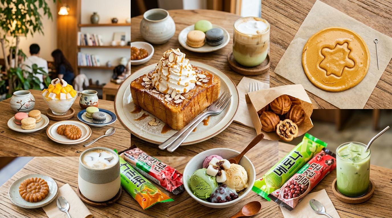 韓国の現代スイーツの明るく鮮やかなフォトリアルなコラージュ。カルメ焼き、クルミ菓子、ハニーブレッド、アイスバー、カフェテーブル。文字は見えない