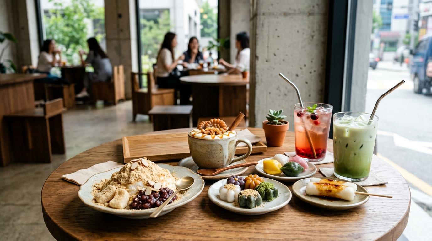 薬菓ラテ、インジョルミのデザート、小さな餅、アイスドリンクが並ぶ、明るく鮮やかなフォトリアルな韓国カフェのテーブル。モダンなソウルの雰囲気、文字は見えない