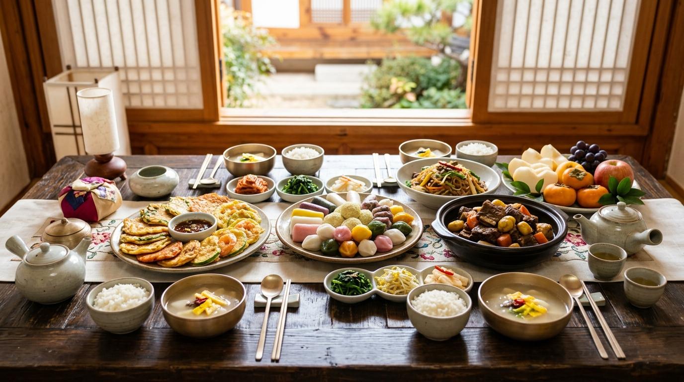 Bright vibrant photorealistic Korean holiday table with rice cakes, fruit, jeon pancakes, braised dishes, elegant dishes, soft natural light, no visible text