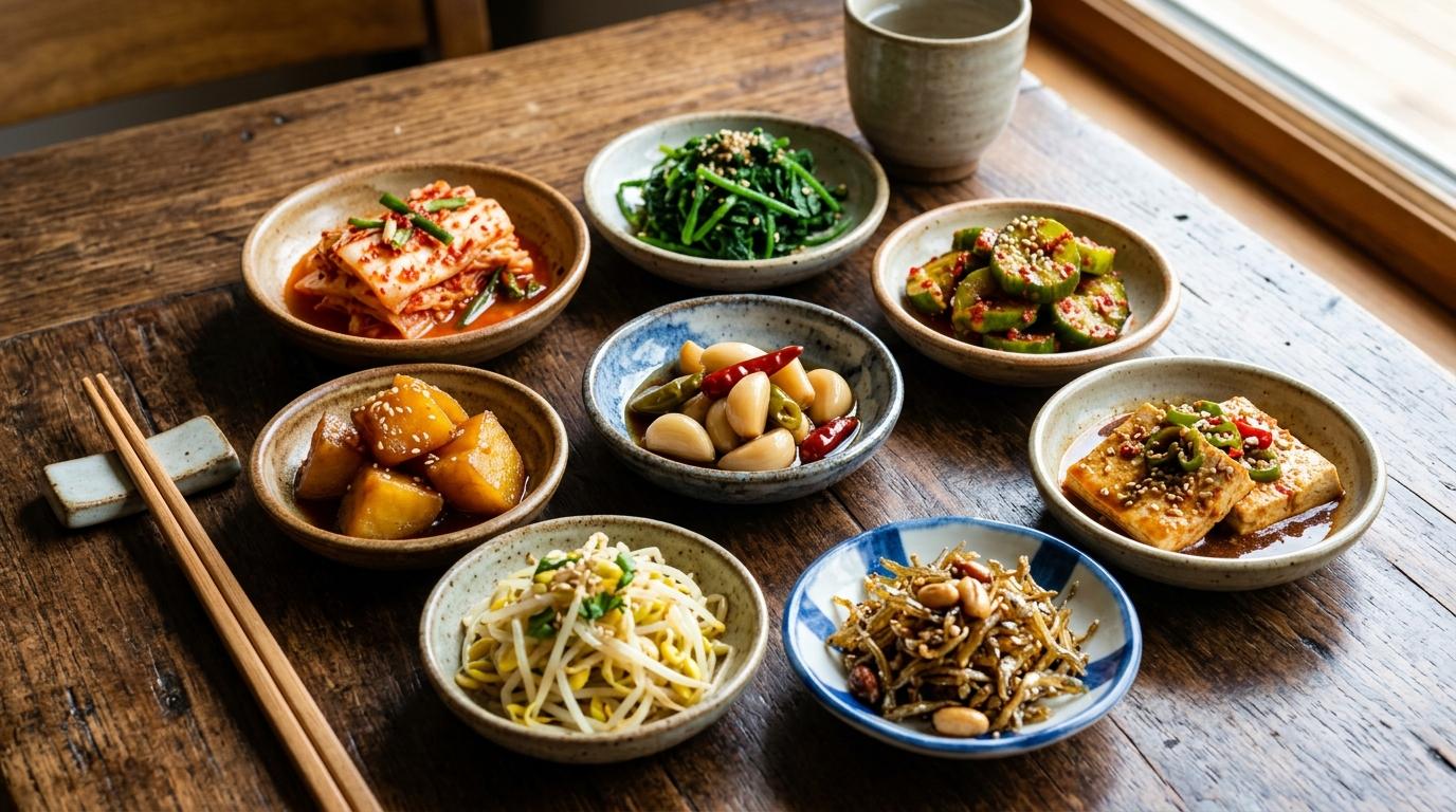 Bright vibrant photorealistic close-up of assorted Korean banchan in small ceramic dishes, kimchi, greens, pickles, tofu, wooden table, no visible text