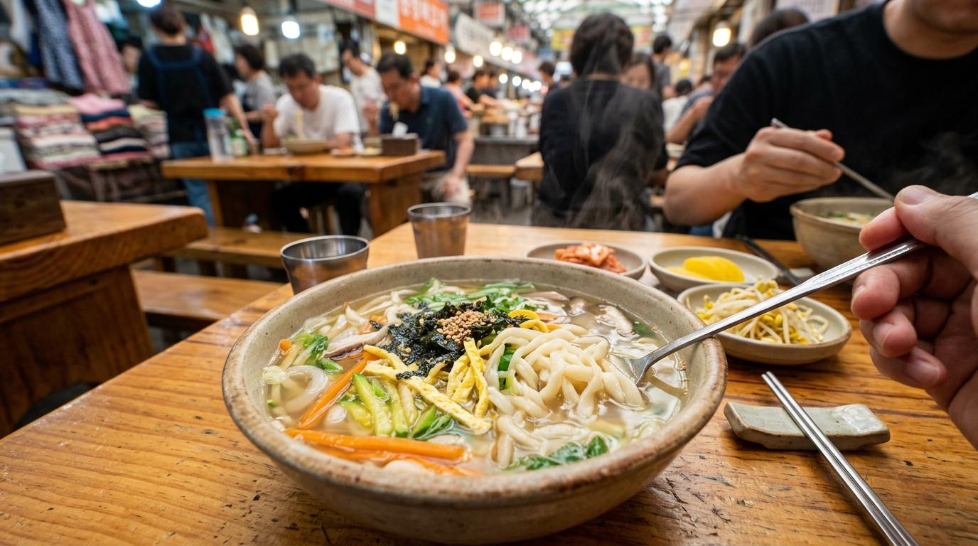Bright vibrant photorealistic Korean noodle soup with hand-cut noodles, vegetables, clear broth, metal spoon, casual market restaurant setting, no visible text