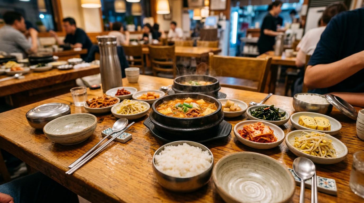 Bright vibrant photorealistic Korean dining table with rice bowls, soup, kimchi, colorful banchan, metal chopsticks, warm restaurant lighting, no visible text