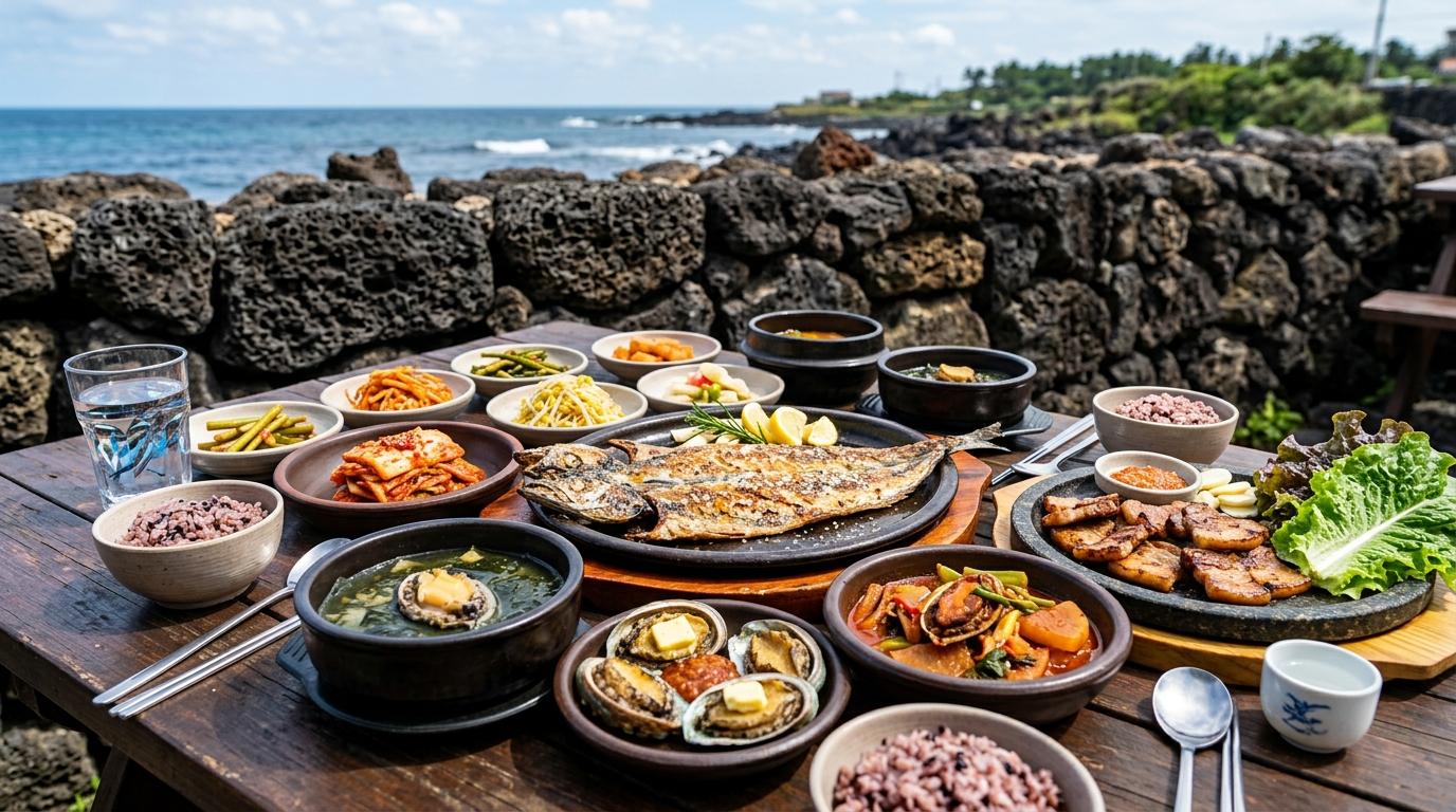Bright vibrant photorealistic Jeju seafood table with grilled fish, abalone, seaweed soup, black pork slices, volcanic stone background, no visible text