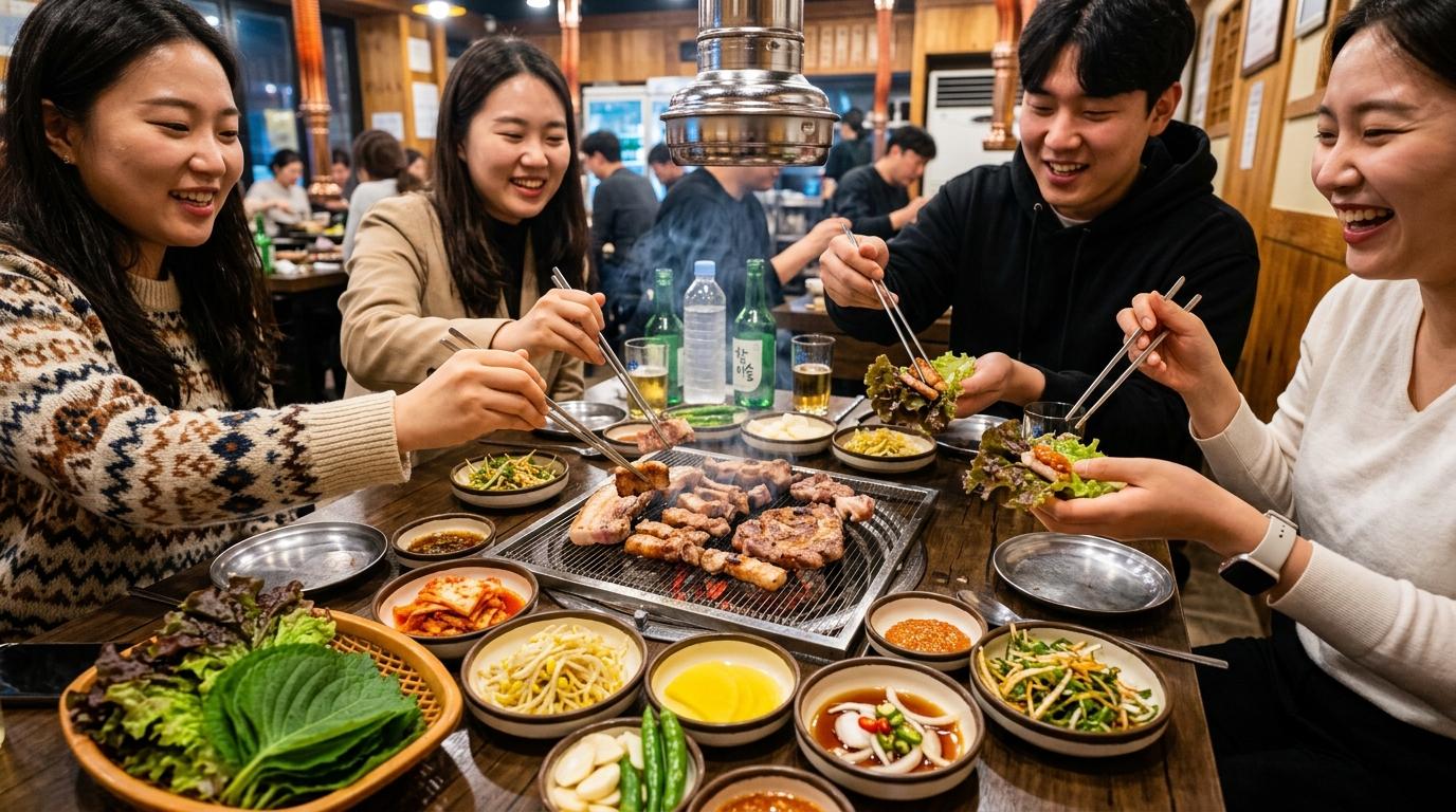 Bright vibrant photorealistic Korean barbecue table with grilled pork, lettuce wraps, dipping sauces, kimchi, friends reaching with chopsticks, no visible text