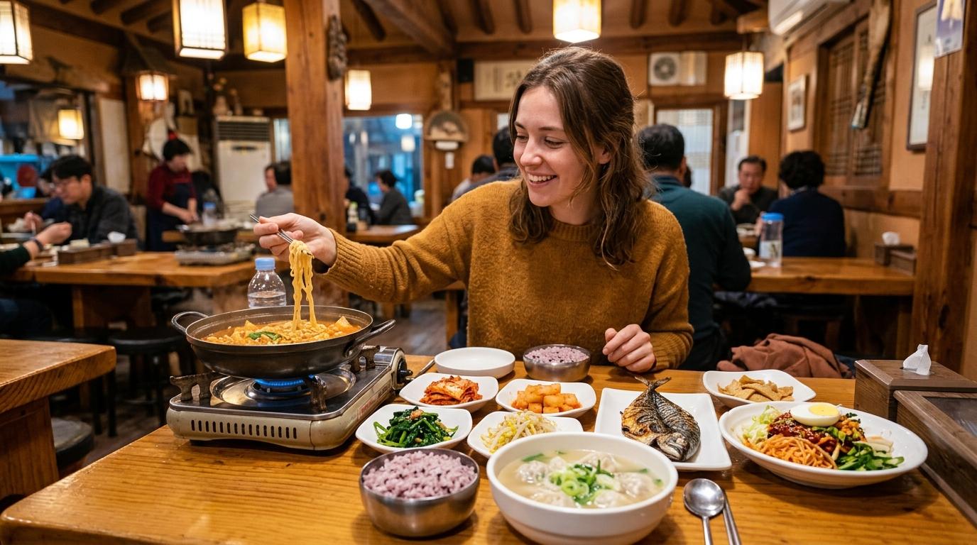 Bright vibrant photorealistic traveler dining in a cozy Korean restaurant, table filled with soup, rice, banchan, noodles, warm lights, no visible text