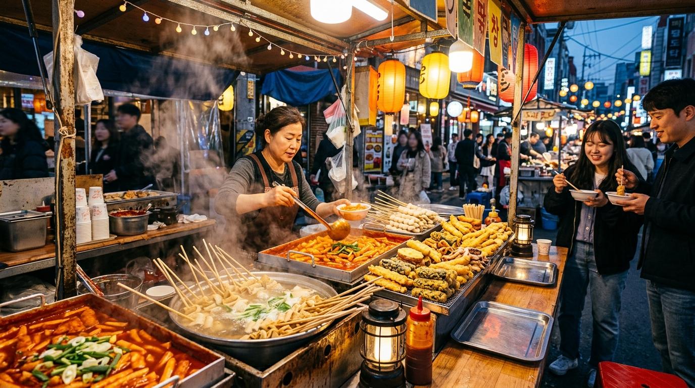Bright vibrant photorealistic Korean market food stall with tteokbokki, fish cake skewers, fried snacks, steam, colorful evening lights, no visible text