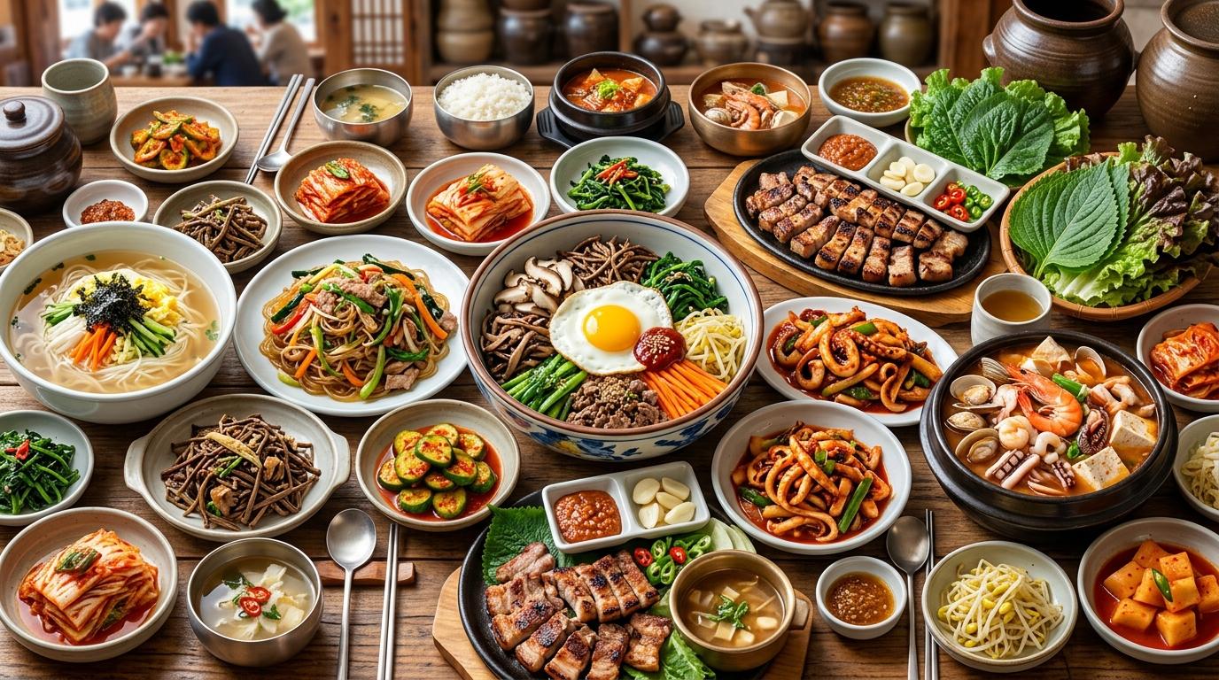 Bright vibrant photorealistic collage-style Korean regional food table with bibimbap, seafood, noodles, mountain vegetables, black pork, no visible text