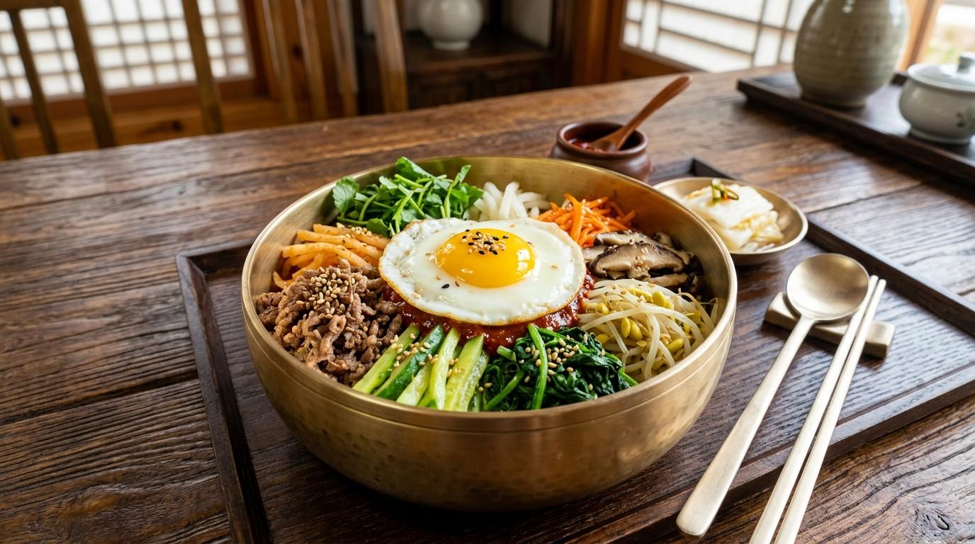 Bright vibrant photorealistic Jeonju-style bibimbap in a brass bowl with colorful vegetables, egg, beef, sesame oil shine, elegant wooden table, no visible text