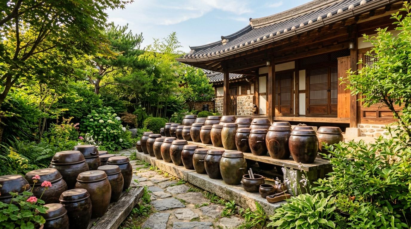 Bright vibrant photorealistic earthenware fermentation jars in a peaceful Korean courtyard, sunlight, greenery, traditional wooden house details, no visible tex