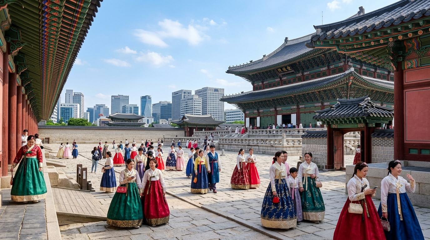明亮鮮豔、寫實風格的首爾宮殿庭院，彩色建築、穿著優雅韓服的遊客、藍天，以及城牆外若隱若現的現代城市感