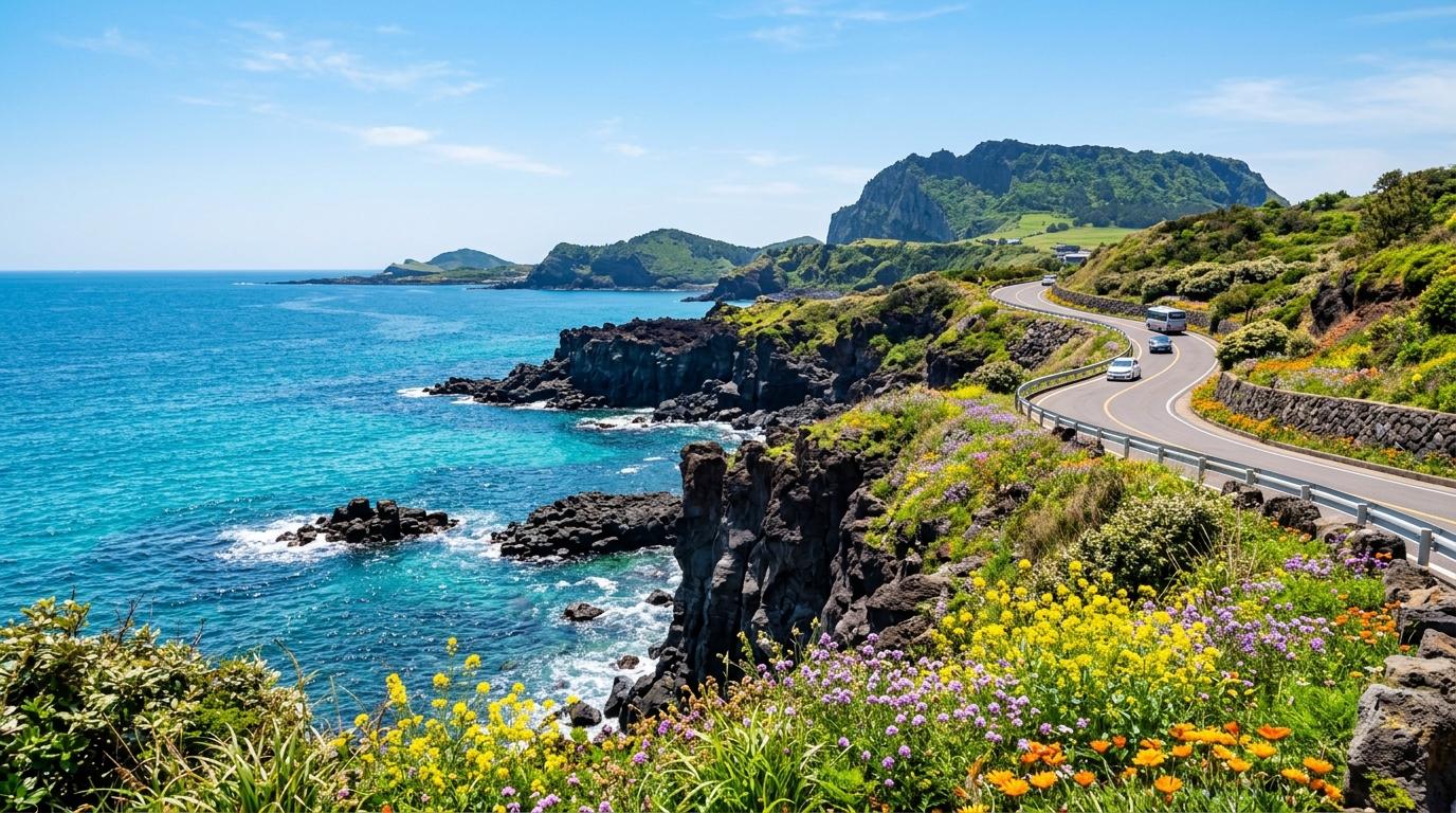 明亮鮮豔、擬真風格的濟州海岸線，有火山峭壁、碧綠海水、野花、蜿蜒道路與晴朗藍天，無韓文文字