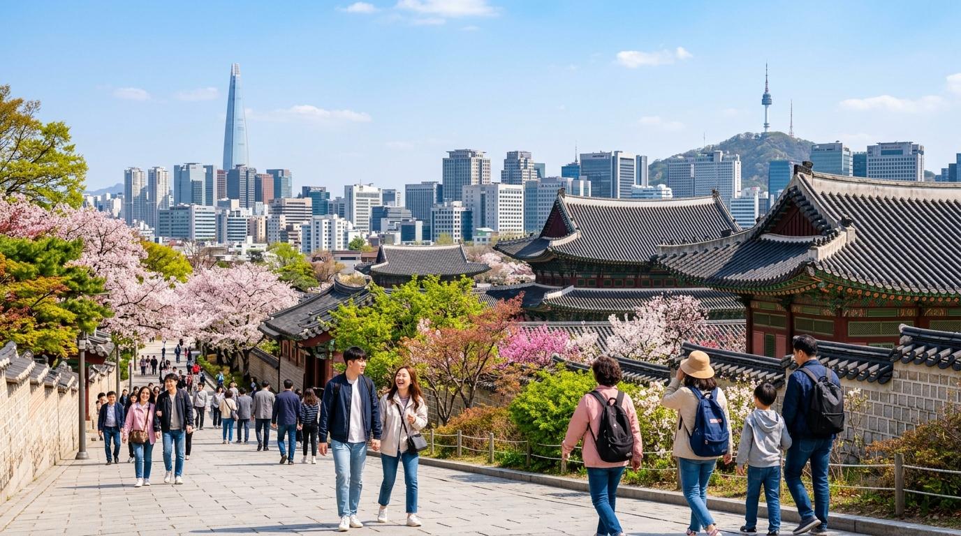 明亮鮮豔、寫實感十足的首爾天際線景色，包含宮殿屋頂、春天樹木，以及旅客走在整潔街道上的畫面，畫面中不含韓文文字