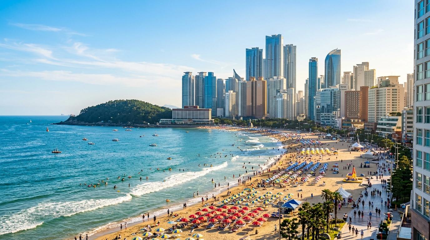 明亮、鮮明的寫實釜山海岸線，包含海雲臺海灘、藍色海洋、現代高樓、海灘陽傘與溫暖的午後光線，無韓文文字