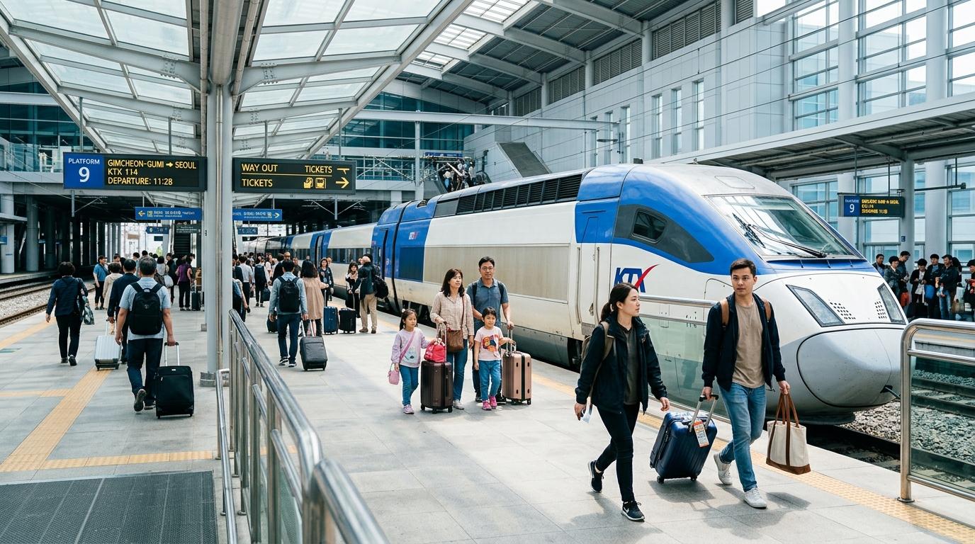 明亮鮮豔、寫實風格的KTX高速列車停靠在現代化月臺，旅客與行李往來，光線乾淨明亮，沒有韓文文字