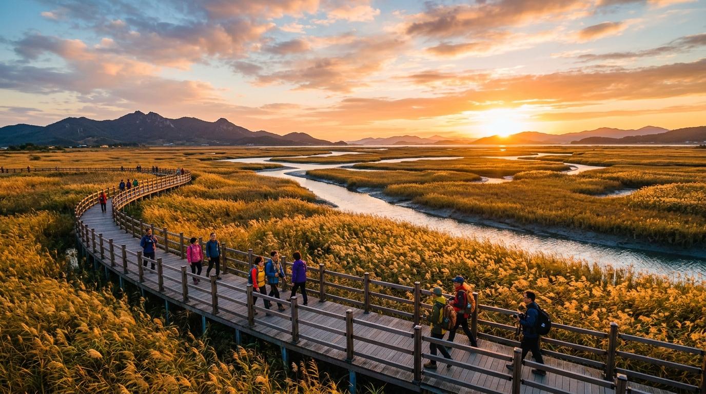 明亮鮮活、寫實感的順天濕地景觀，有蘆葦、蜿蜒水道、遠方丘陵與夕陽下走在木棧道的旅人